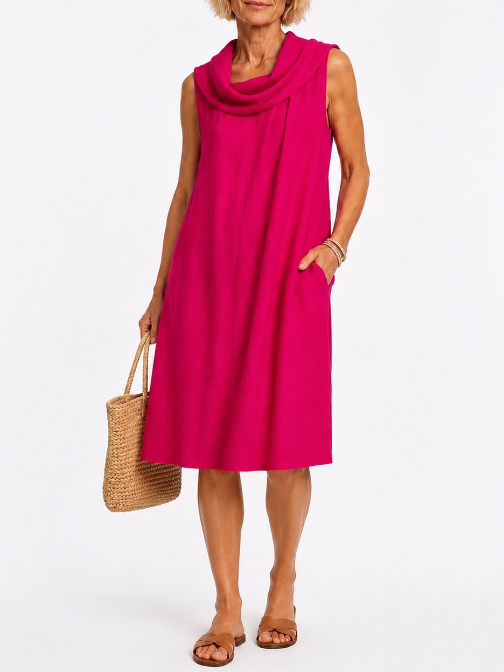 VTG RUSS BERENS Cowl Neck Sleeveless Tunic Dress Lagenlook Resort Art Wear Sz M